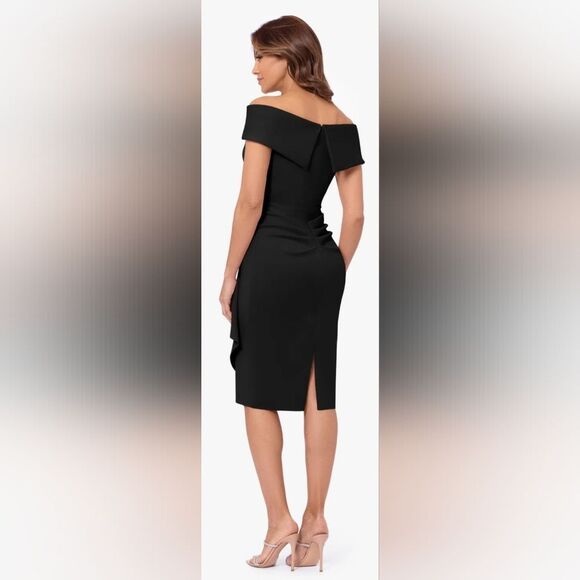 Xscape Jessie Short Scuba Off the Shoulder Ruffle Dress NWOT Size 4 Black - Picture 2 of 5